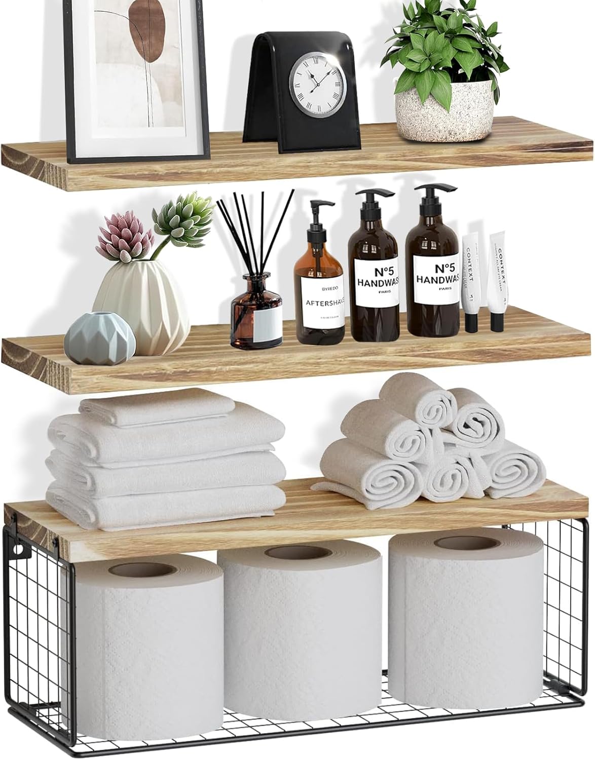 Rustic Shelves for Wall, Bathroom Shelves Over Toilet, Kitchen Shelves with Wire Storage Basket, Bathroom Shelf, Wall Shelves Decor for Living Room/Office/Plants Shelves.