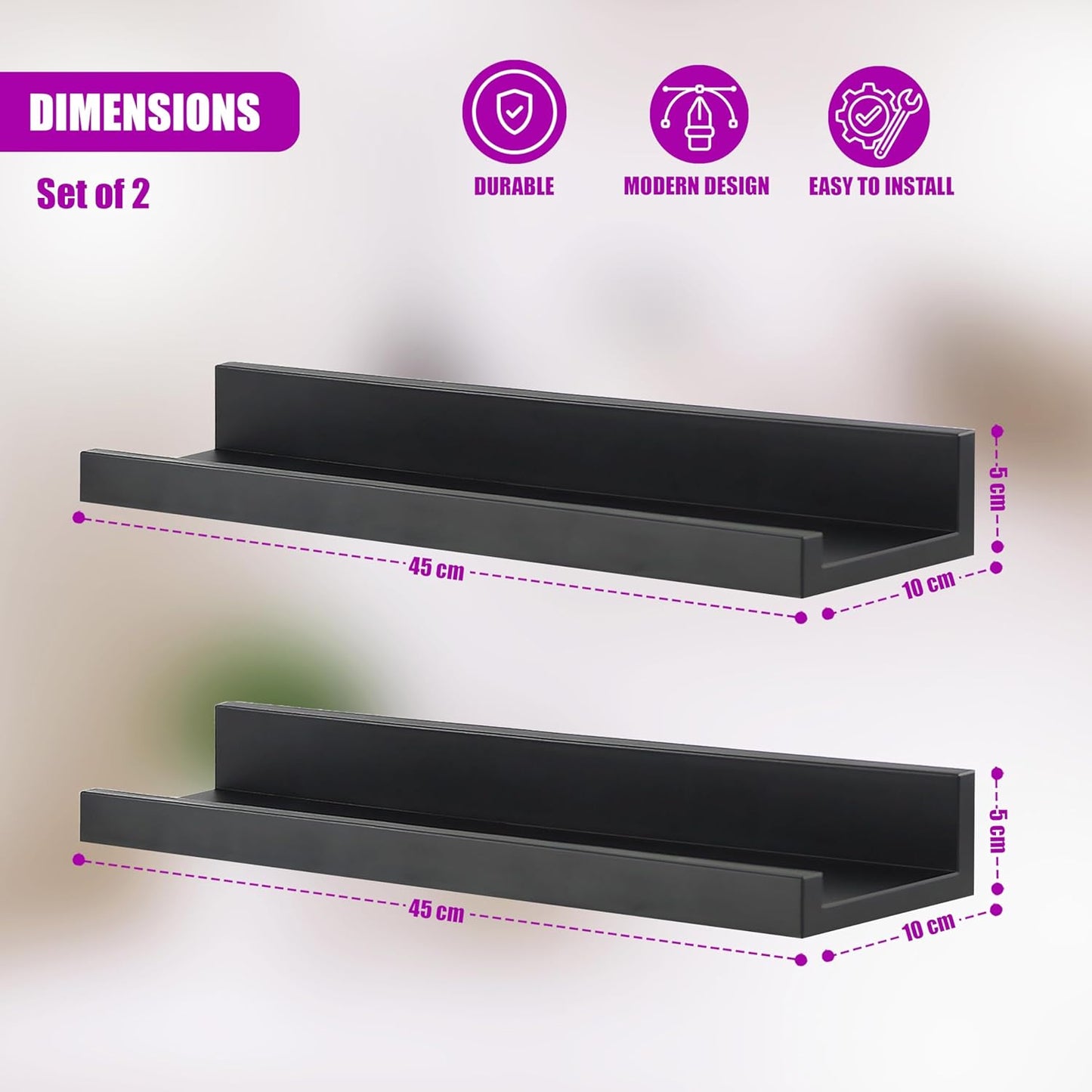 Floating Shelves for Wall, Set of 2 - Modern Seamless Mounting, Easy Install Picture Ledge Display Shelf for Decor, Collectibles - Home, Bedroom, Bathroom, Office, 45x10x5cm