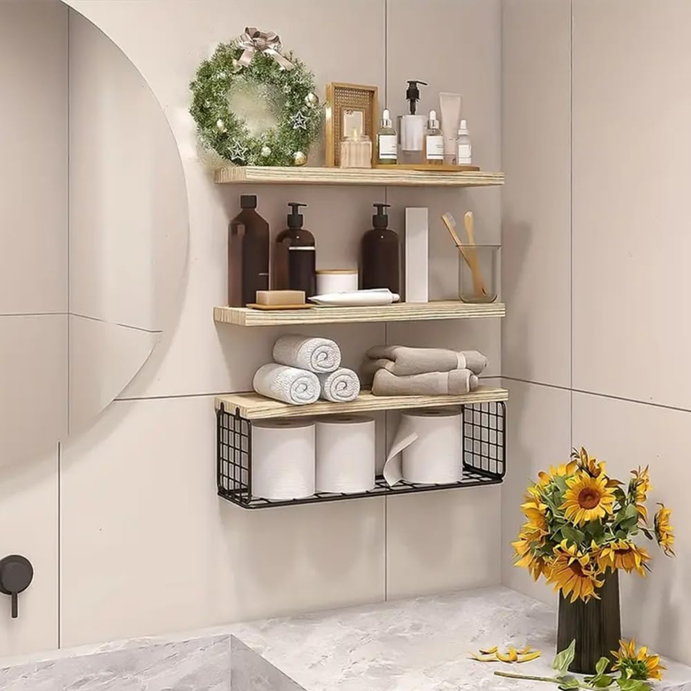 Rustic Shelves for Wall, Bathroom Shelves Over Toilet, Kitchen Shelves with Wire Storage Basket, Bathroom Shelf, Wall Shelves Decor for Living Room/Office/Plants Shelves.