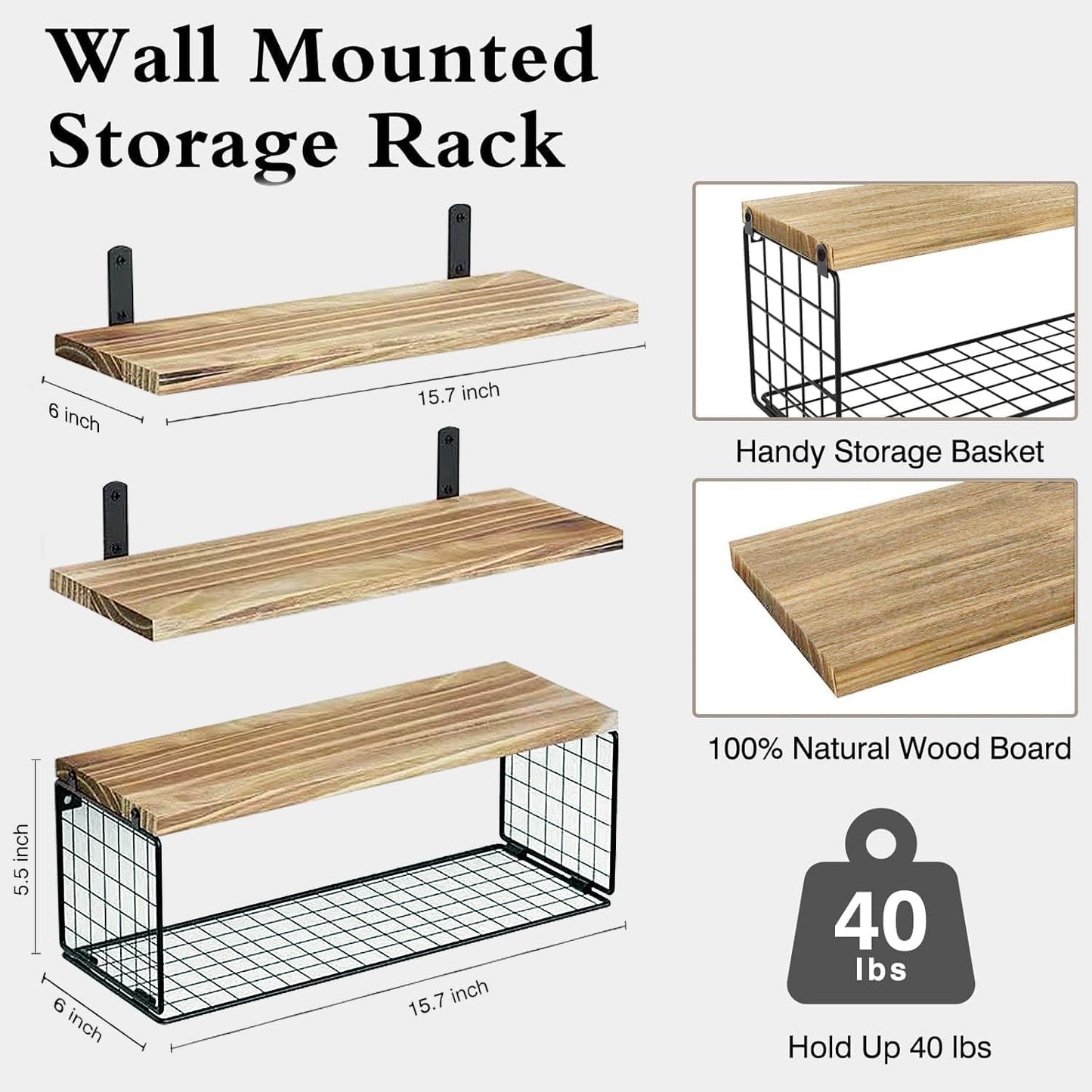 Rustic Shelves for Wall, Bathroom Shelves Over Toilet, Kitchen Shelves with Wire Storage Basket, Bathroom Shelf, Wall Shelves Decor for Living Room/Office/Plants Shelves.