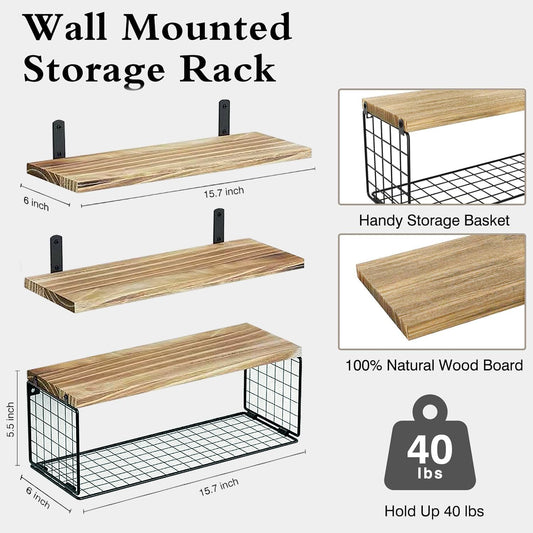 Rustic Shelves for Wall, Bathroom Shelves Over Toilet, Kitchen Shelves with Wire Storage Basket, Bathroom Shelf, Wall Shelves Decor for Living Room/Office/Plants Shelves.